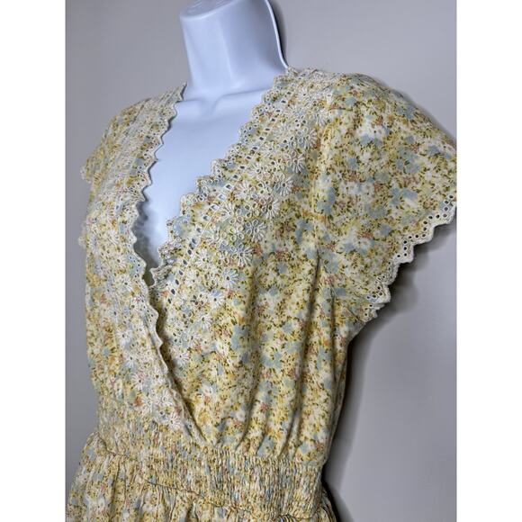 American Eagle Women’s Floral Eyelet Tiered Mini Dress L Yellow Boho Lace Cotton - Picture 2 of 15